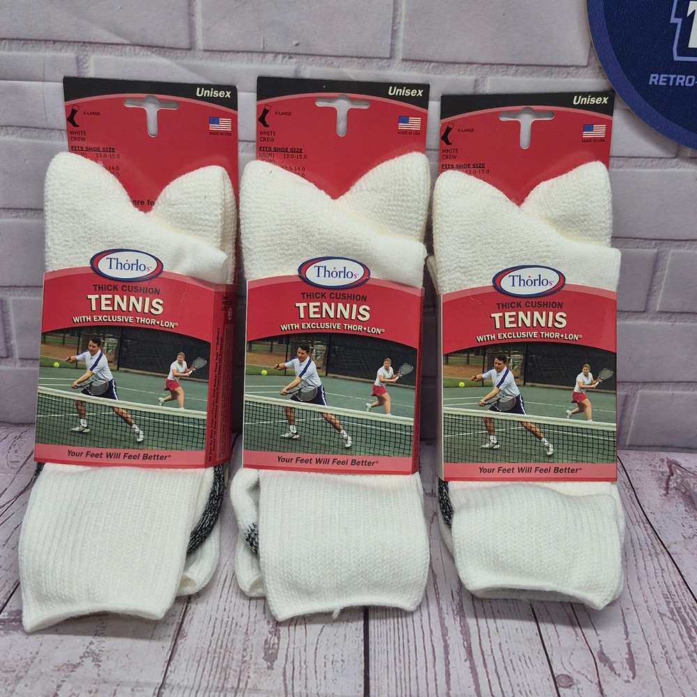 Thorlos Unisex Thick Cushion Tennis Crew Socks 3 Pair White XL US Men 13-15